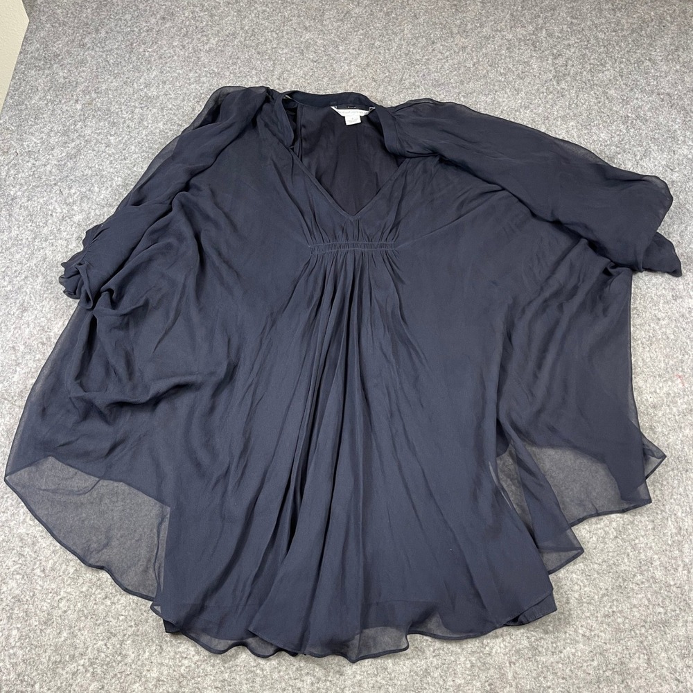 Diane von Furstenberg Kaftan Cape Top Size 2 Navy Blue Silk Chiffon V-Neck